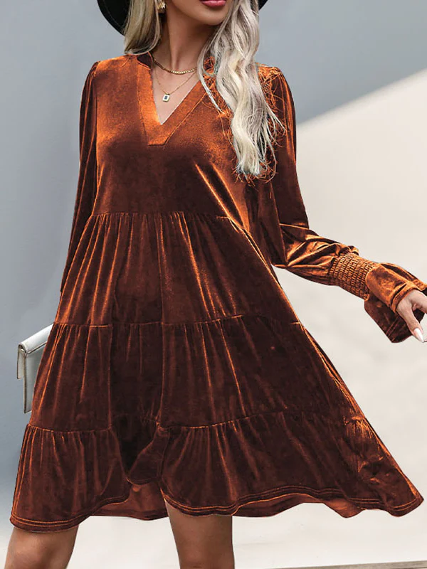 A-Line Long Sleeves Pleated Solid Color Velvet V-Neck Mini Dresses - Image 3