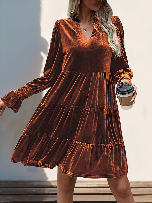 A-Line Long Sleeves Pleated Solid Color Velvet V-Neck Mini Dresses - Image 4