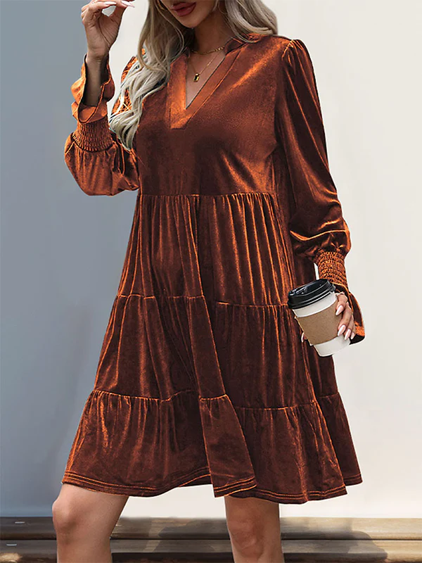 A-Line Long Sleeves Pleated Solid Color Velvet V-Neck Mini Dresses - Image 5