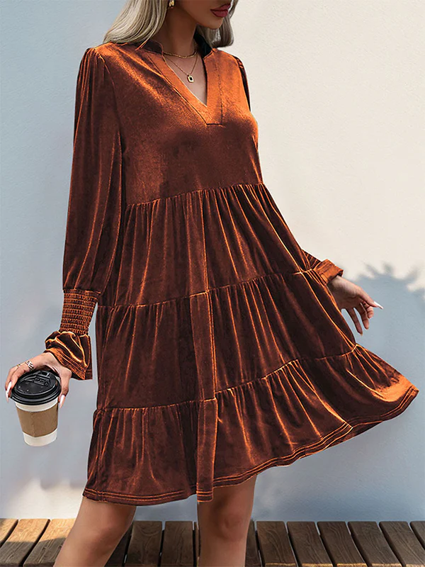 A-Line Long Sleeves Pleated Solid Color Velvet V-Neck Mini Dresses - Image 6