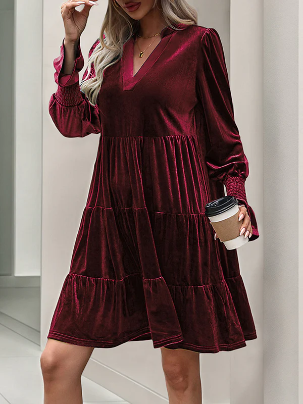 A-Line Long Sleeves Pleated Solid Color Velvet V-Neck Mini Dresses - Image 8