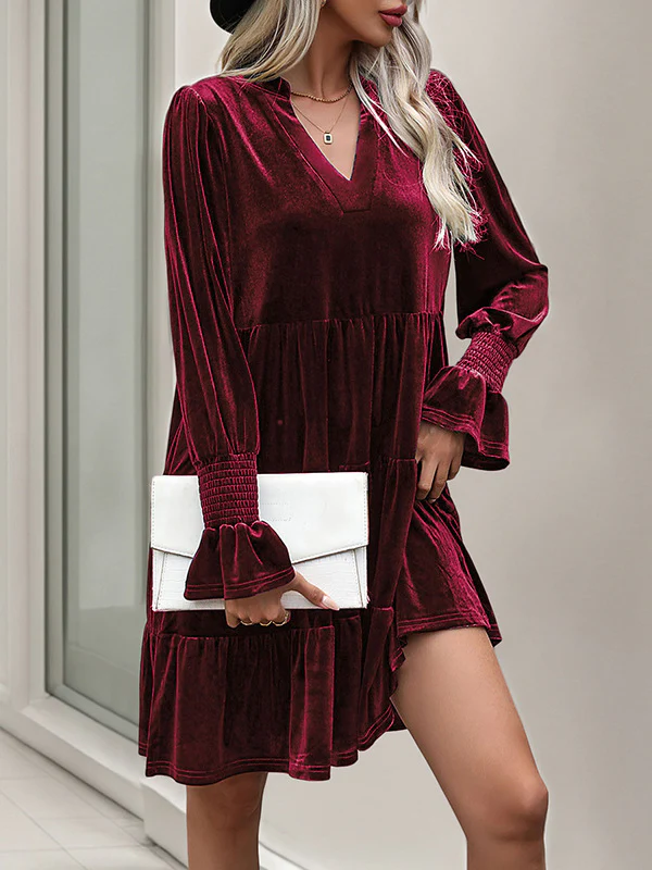 A-Line Long Sleeves Pleated Solid Color Velvet V-Neck Mini Dresses - Image 9