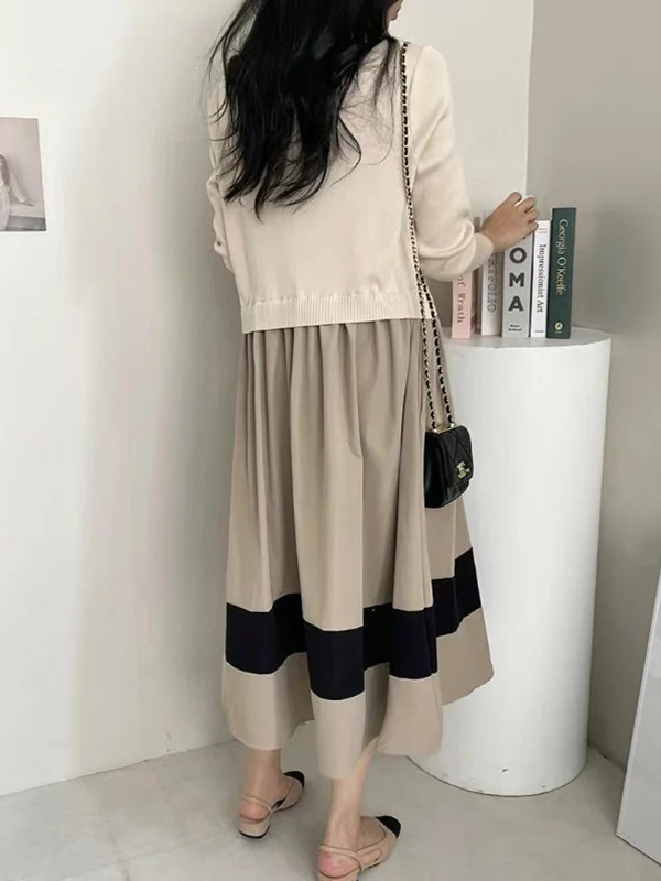 A-Line Long Sleeves Pleated Split-Joint Round-Neck Midi Dresses - Image 3