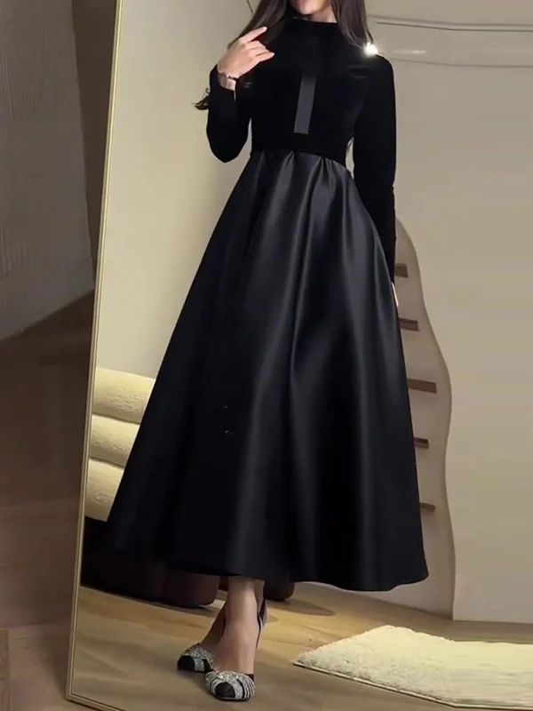 A-Line Long Sleeves Pleated Split-Joint Zipper Mock Neck Maxi Dresses - Image 2