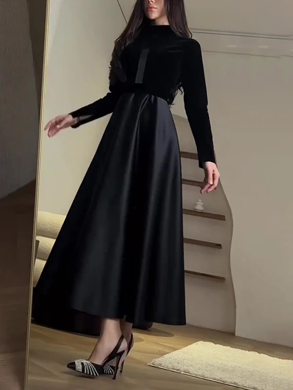 A-Line Long Sleeves Pleated Split-Joint Zipper Mock Neck Maxi Dresses - Image 3