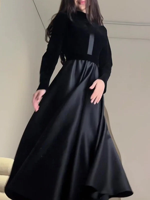 A-Line Long Sleeves Pleated Split-Joint Zipper Mock Neck Maxi Dresses - Image 4