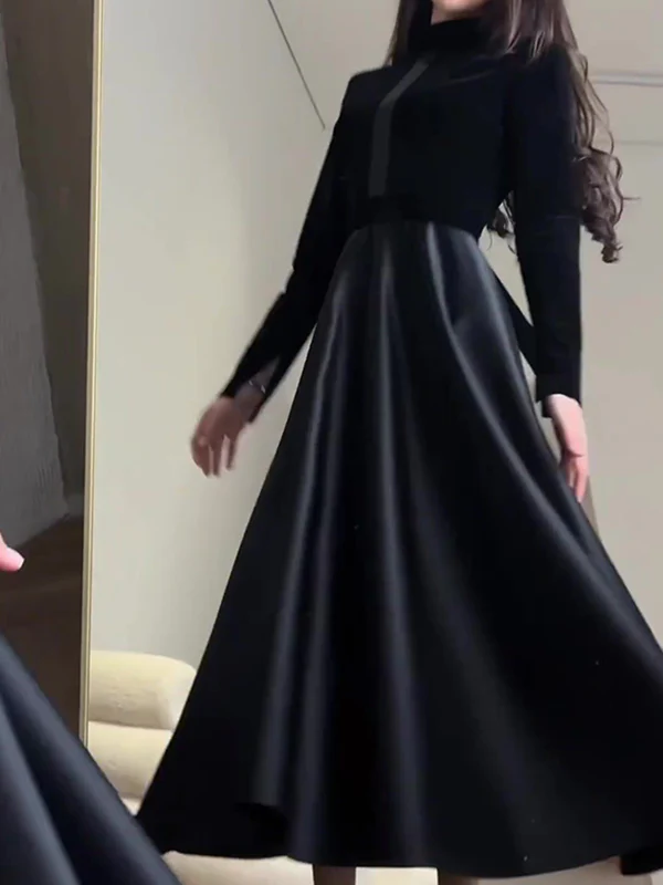 A-Line Long Sleeves Pleated Split-Joint Zipper Mock Neck Maxi Dresses - Image 5