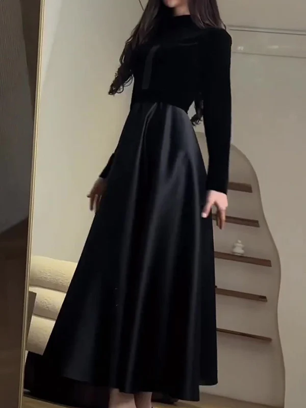 A-Line Long Sleeves Pleated Split-Joint Zipper Mock Neck Maxi Dresses - Image 6