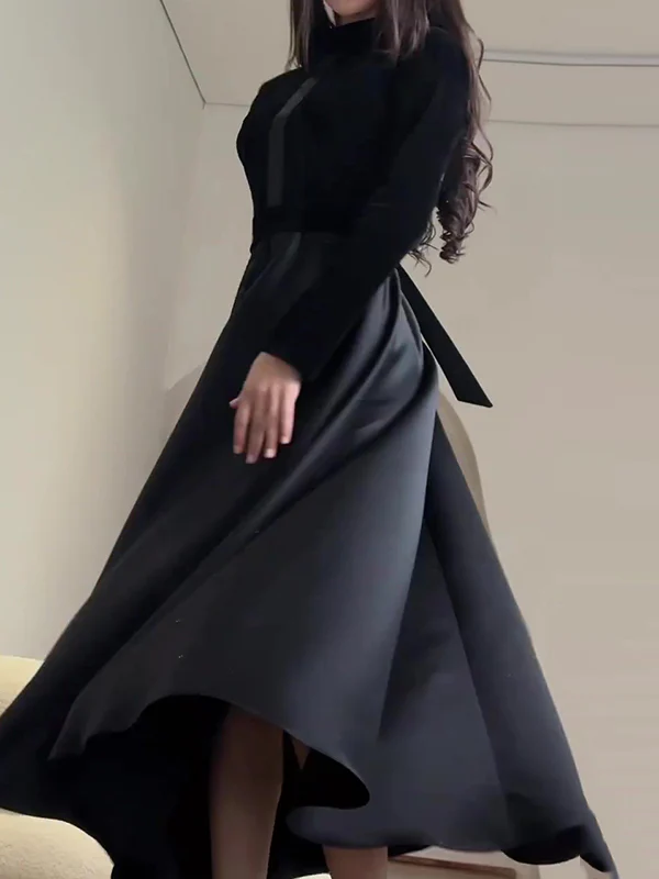 A-Line Long Sleeves Pleated Split-Joint Zipper Mock Neck Maxi Dresses - Image 7