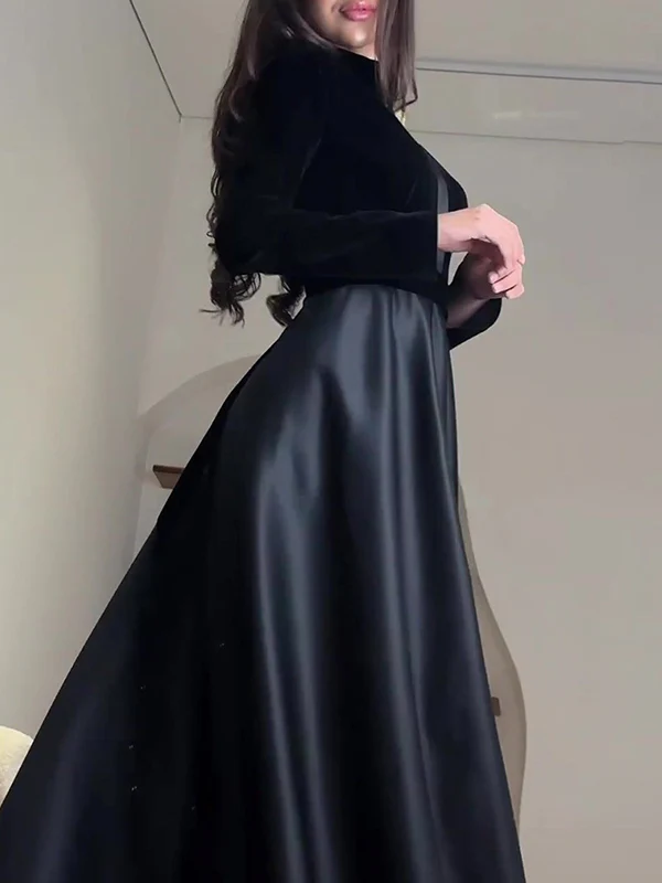 A-Line Long Sleeves Pleated Split-Joint Zipper Mock Neck Maxi Dresses - Image 8
