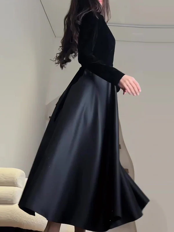 A-Line Long Sleeves Pleated Split-Joint Zipper Mock Neck Maxi Dresses - Image 9
