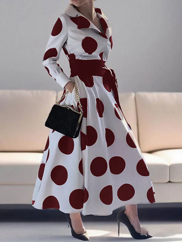A-Line Long Sleeves Pockets Polka-Dot Tied Waist Notched Collar Maxi Dresses - Image 2