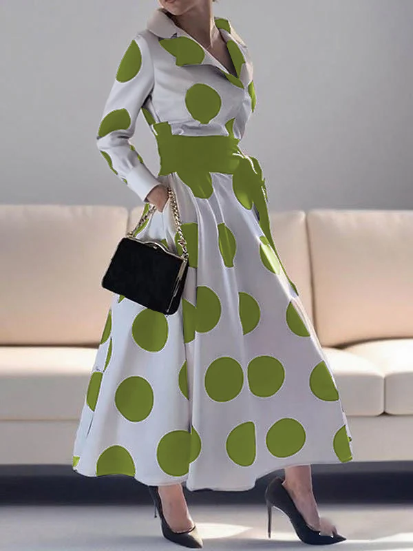 A-Line Long Sleeves Pockets Polka-Dot Tied Waist Notched Collar Maxi Dresses - Image 3