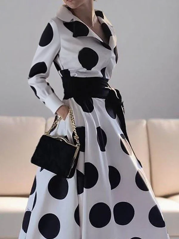 A-Line Long Sleeves Pockets Polka-Dot Tied Waist Notched Collar Maxi Dresses - Image 4