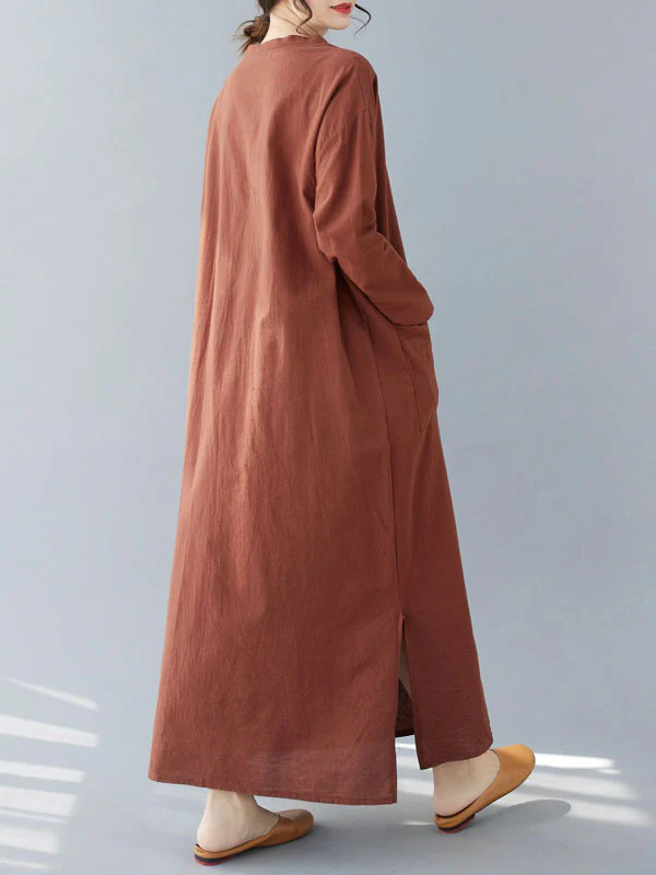 A-Line Long Sleeves Pockets Solid Color Split-Side V-Neck Maxi Dresses - Image 10