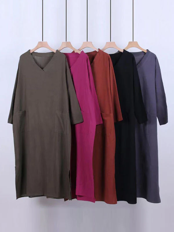A-Line Long Sleeves Pockets Solid Color Split-Side V-Neck Maxi Dresses - Image 11