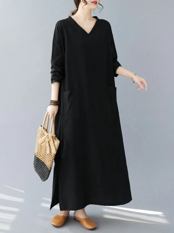 A-Line Long Sleeves Pockets Solid Color Split-Side V-Neck Maxi Dresses - Image 2
