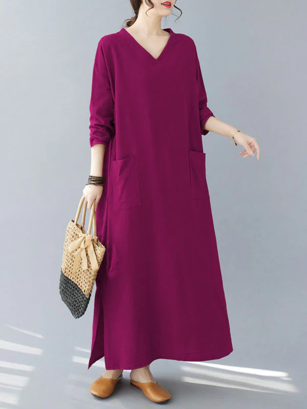 A-Line Long Sleeves Pockets Solid Color Split-Side V-Neck Maxi Dresses - Image 3
