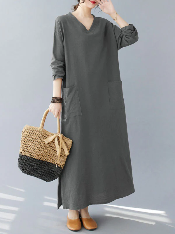A-Line Long Sleeves Pockets Solid Color Split-Side V-Neck Maxi Dresses - Image 4