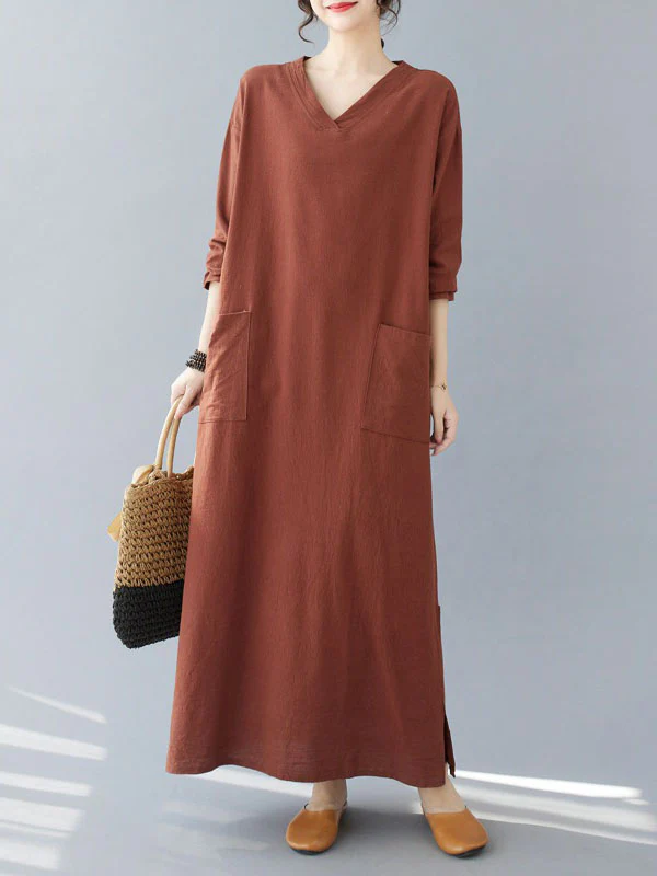 A-Line Long Sleeves Pockets Solid Color Split-Side V-Neck Maxi Dresses - Image 5