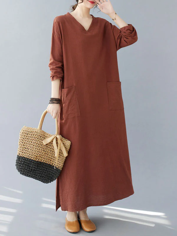 A-Line Long Sleeves Pockets Solid Color Split-Side V-Neck Maxi Dresses - Image 6