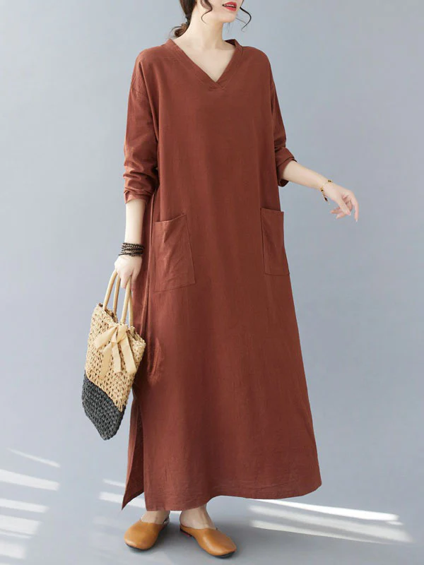 A-Line Long Sleeves Pockets Solid Color Split-Side V-Neck Maxi Dresses - Image 7
