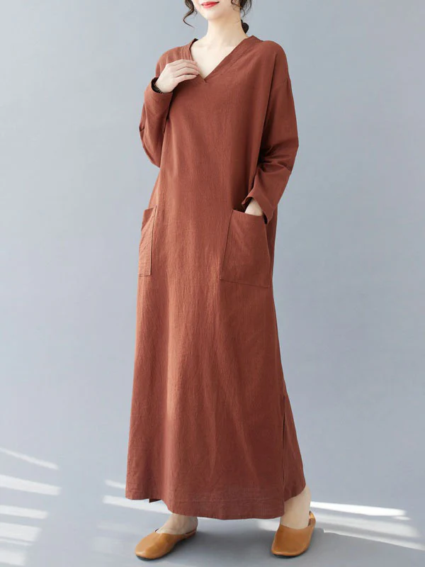 A-Line Long Sleeves Pockets Solid Color Split-Side V-Neck Maxi Dresses - Image 8