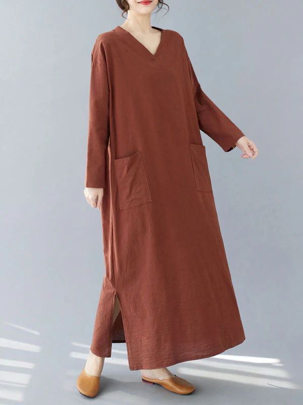 A-Line Long Sleeves Pockets Solid Color Split-Side V-Neck Maxi Dresses - Image 9