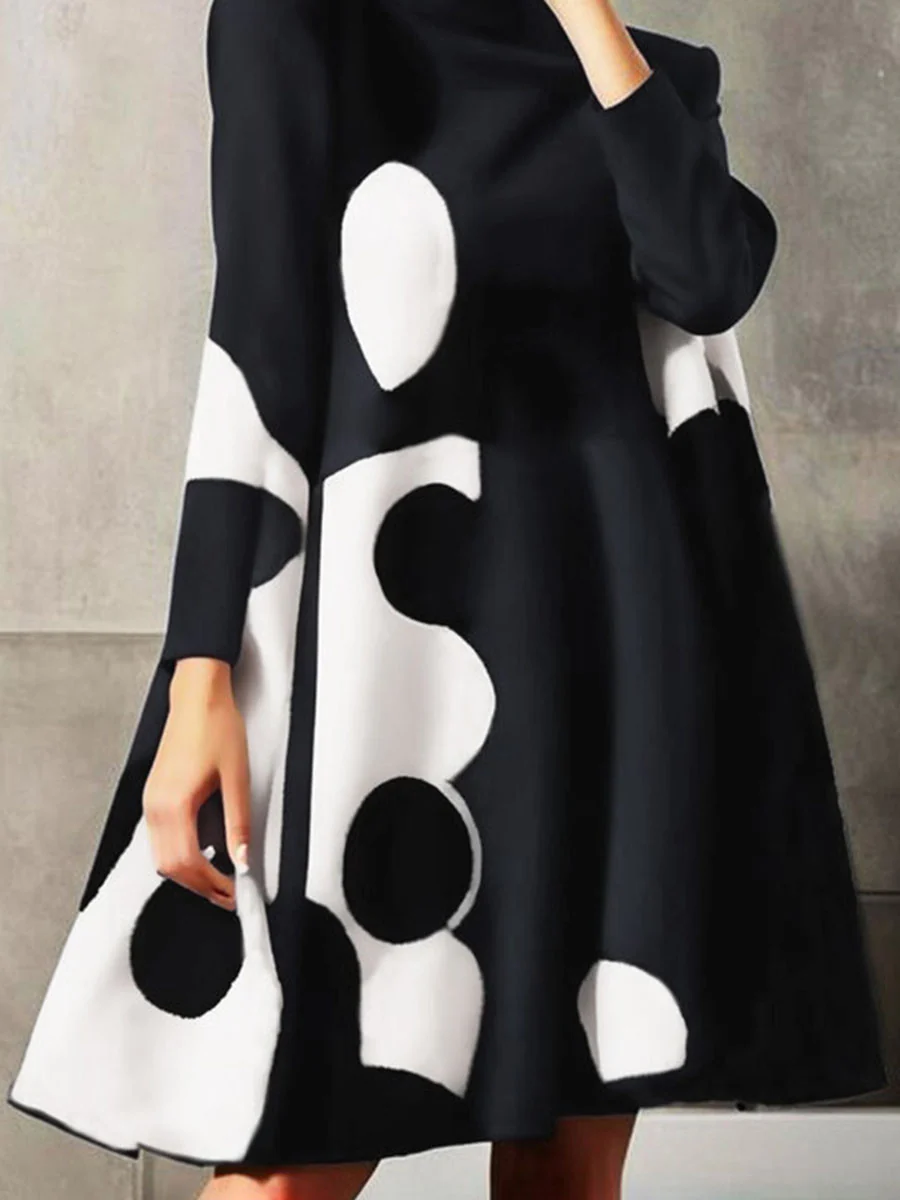 A-Line Long Sleeves Polka-Dot Split-Joint Mock Neck Mini Dresses - Image 3