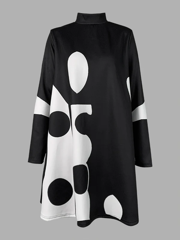 A-Line Long Sleeves Polka-Dot Split-Joint Mock Neck Mini Dresses - Image 4