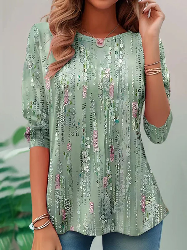 A-Line Long Sleeves Printed Round-Neck T-Shirts Tops - Image 2