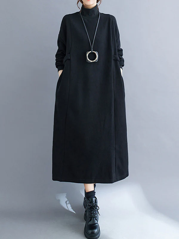 A-Line Long Sleeves Solid Color Mock Neck Midi Dresses - Image 2