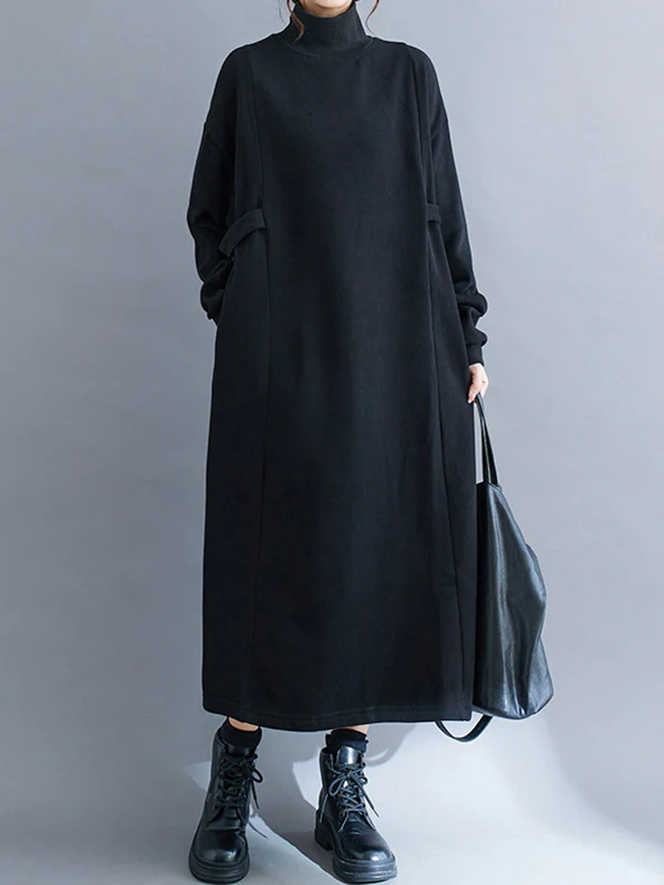 A-Line Long Sleeves Solid Color Mock Neck Midi Dresses - Image 3