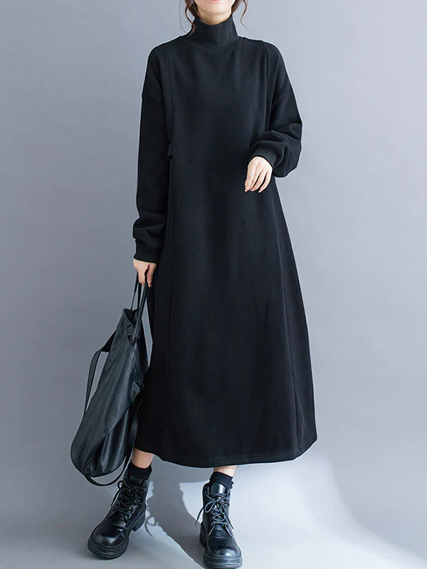 A-Line Long Sleeves Solid Color Mock Neck Midi Dresses - Image 4