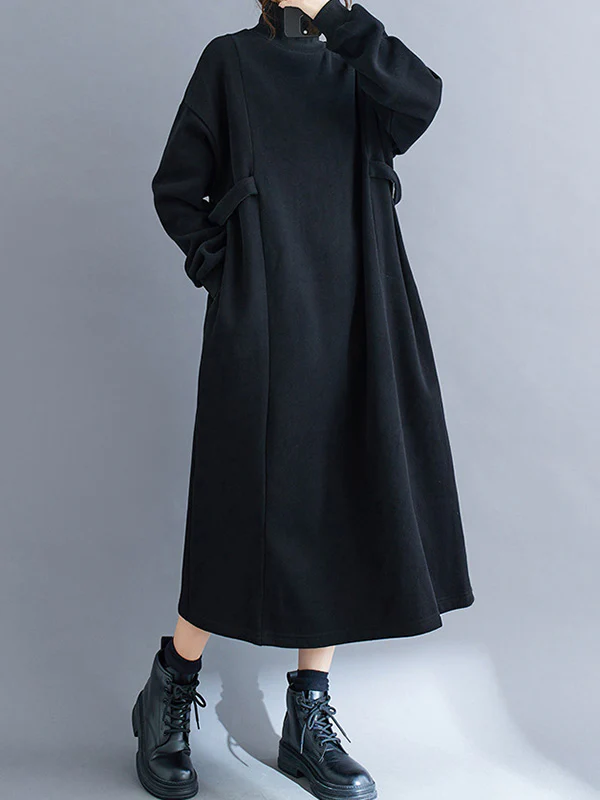 A-Line Long Sleeves Solid Color Mock Neck Midi Dresses - Image 5