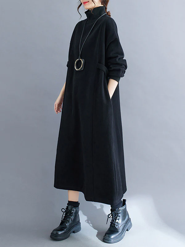 A-Line Long Sleeves Solid Color Mock Neck Midi Dresses - Image 6