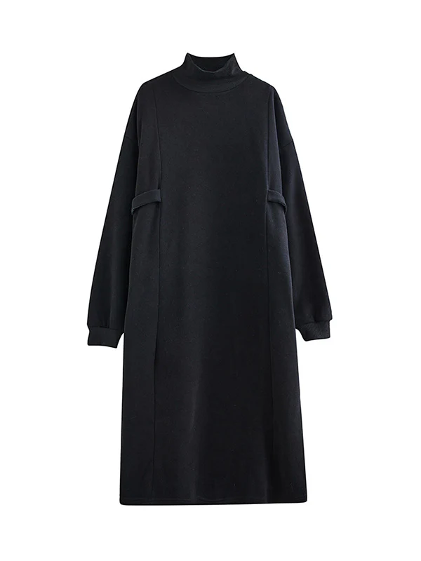 A-Line Long Sleeves Solid Color Mock Neck Midi Dresses - Image 7