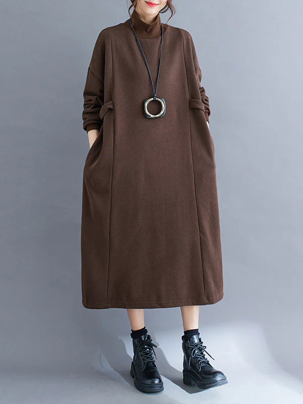 A-Line Long Sleeves Solid Color Mock Neck Midi Dresses - Image 8