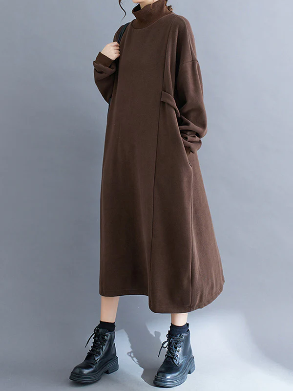 A-Line Long Sleeves Solid Color Mock Neck Midi Dresses - Image 9