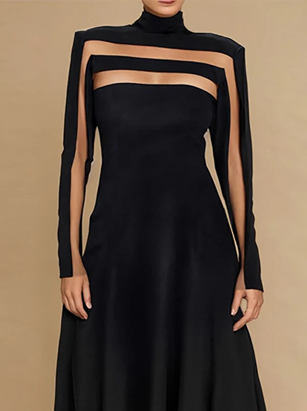 A-Line Long Sleeves Split-Joint High Neck Maxi Dresses - Image 2