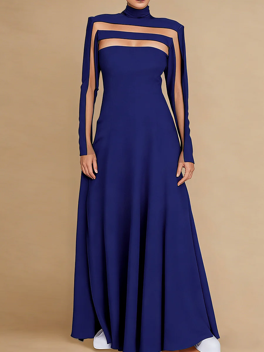 A-Line Long Sleeves Split-Joint High Neck Maxi Dresses - Image 3