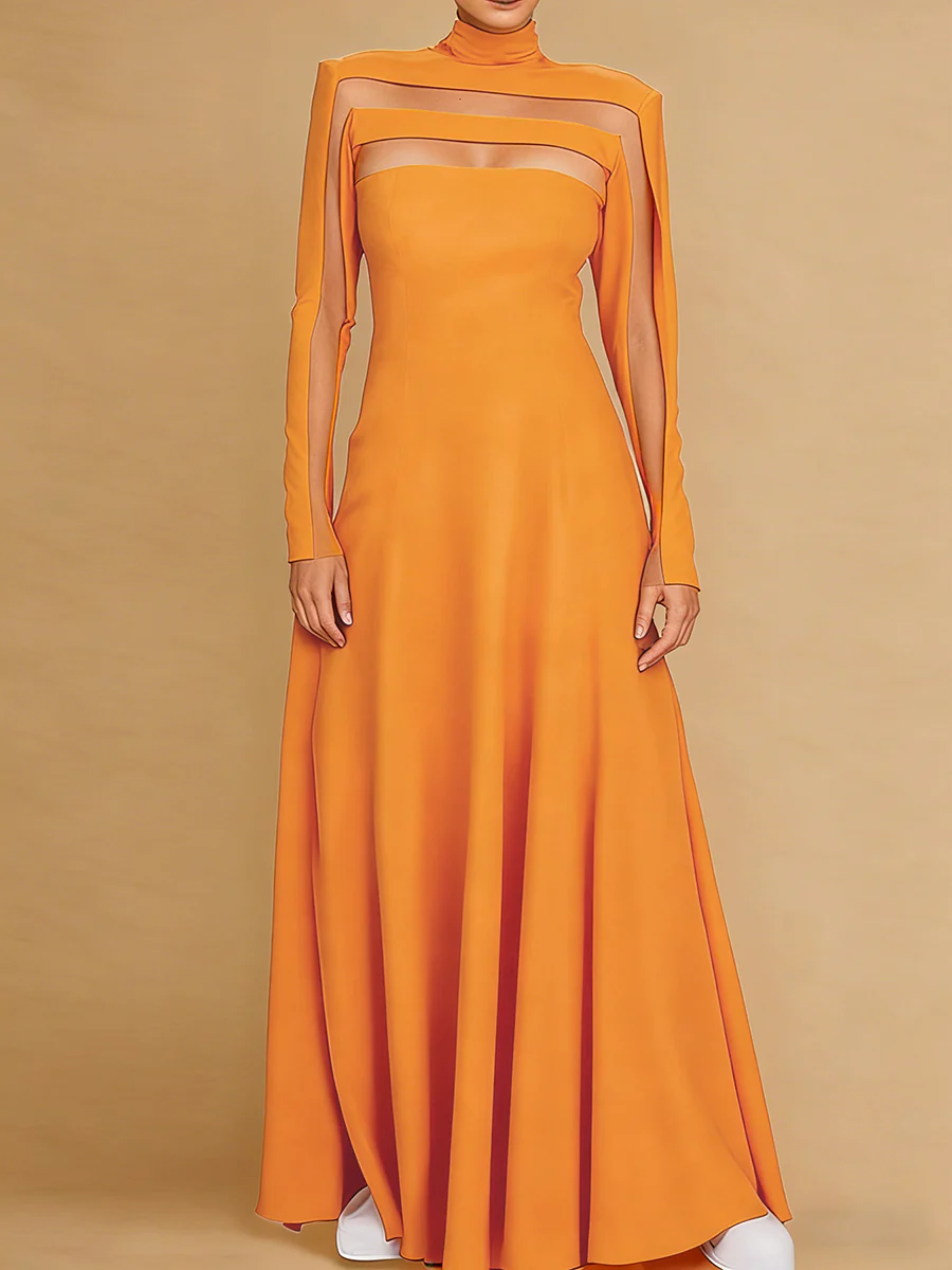 A-Line Long Sleeves Split-Joint High Neck Maxi Dresses - Image 4