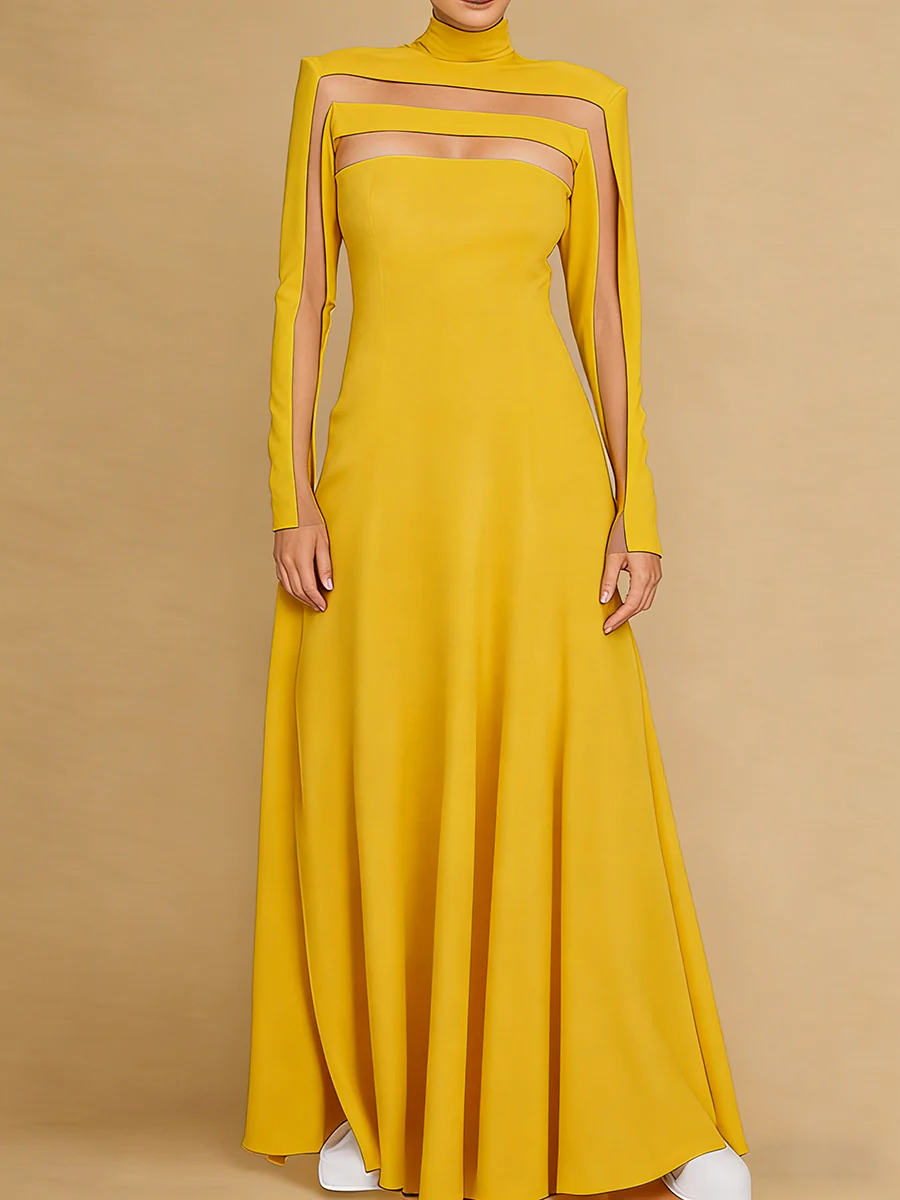 A-Line Long Sleeves Split-Joint High Neck Maxi Dresses - Image 5