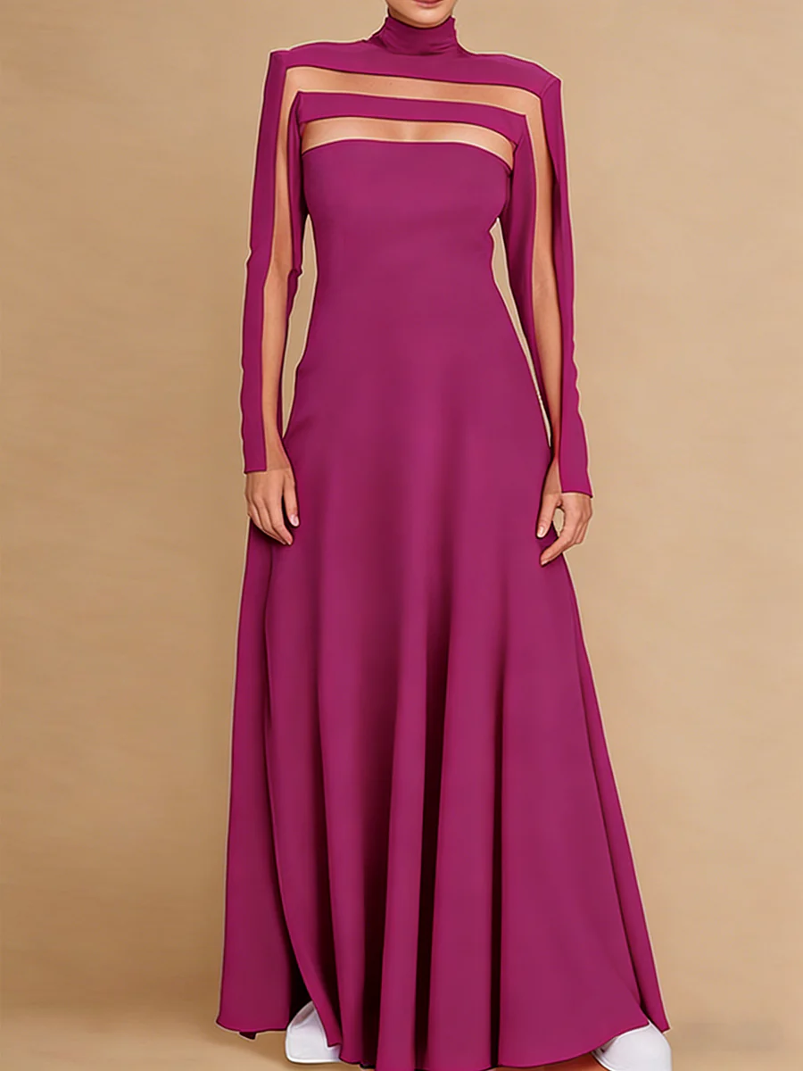 A-Line Long Sleeves Split-Joint High Neck Maxi Dresses - Image 6