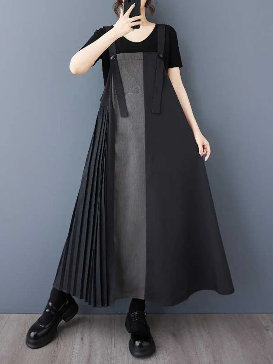 A-Line Loose Asymmetric Buttoned Contrast Color Pleated Pockets Split-Joint Adjustable Straps Midi Dresses - Image 2