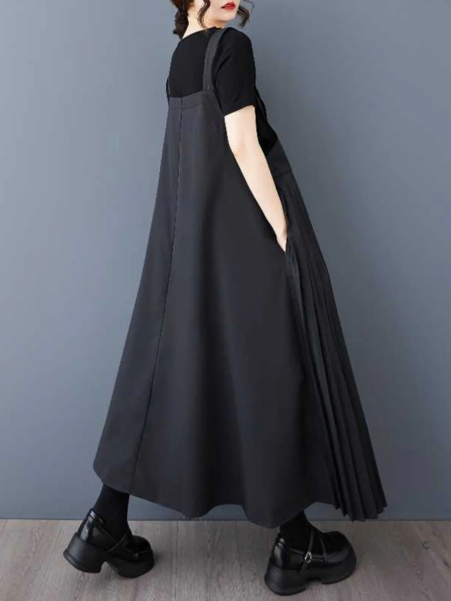 A-Line Loose Asymmetric Buttoned Contrast Color Pleated Pockets Split-Joint Adjustable Straps Midi Dresses - Image 3