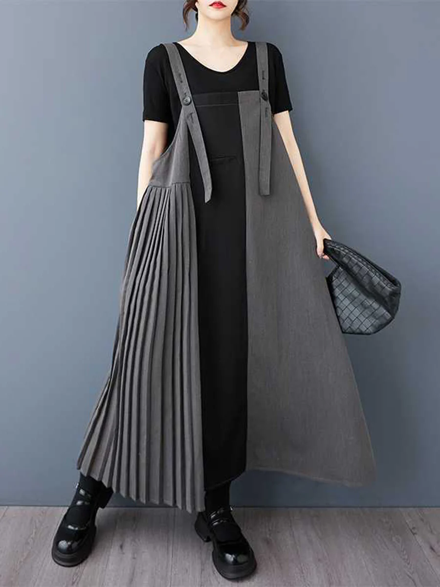 A-Line Loose Asymmetric Buttoned Contrast Color Pleated Pockets Split-Joint Adjustable Straps Midi Dresses - Image 4