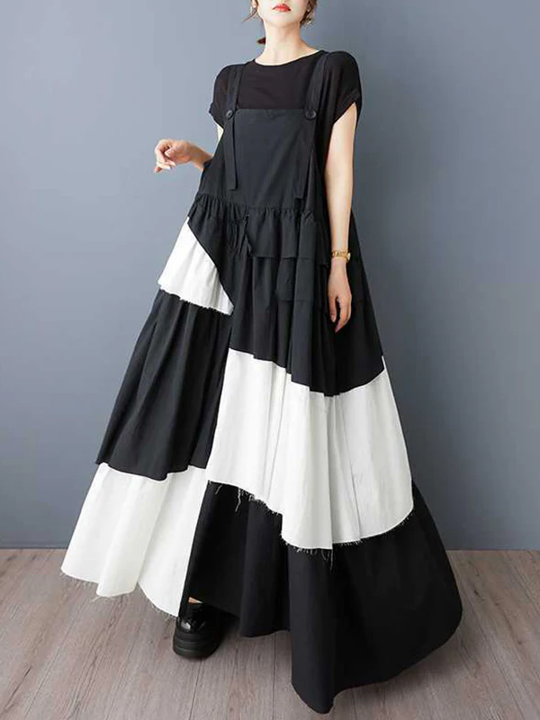 A-Line Loose Asymmetric Buttoned Pleated Spaghetti-Neck Maxi Dresses Suspender Dress - Image 2