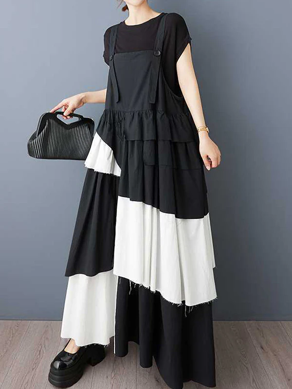 A-Line Loose Asymmetric Buttoned Pleated Spaghetti-Neck Maxi Dresses Suspender Dress - Image 3