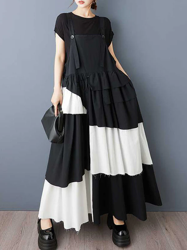 A-Line Loose Asymmetric Buttoned Pleated Spaghetti-Neck Maxi Dresses Suspender Dress - Image 4